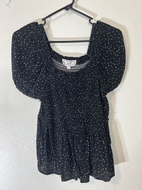 Hippie Rose Black Polka Dot Puff-Sleeve Smocked Top